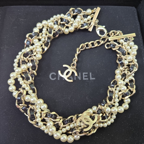 CHANEL Pearl Leather Chain Choker Necklace - Picture 1 of 6